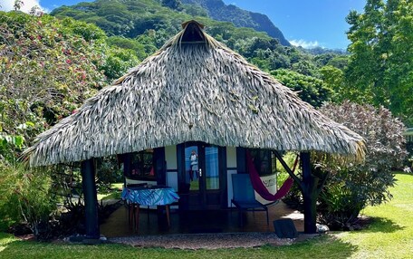 A thatched-roof hut with a view of a mountain, surrounded by lush greenery.