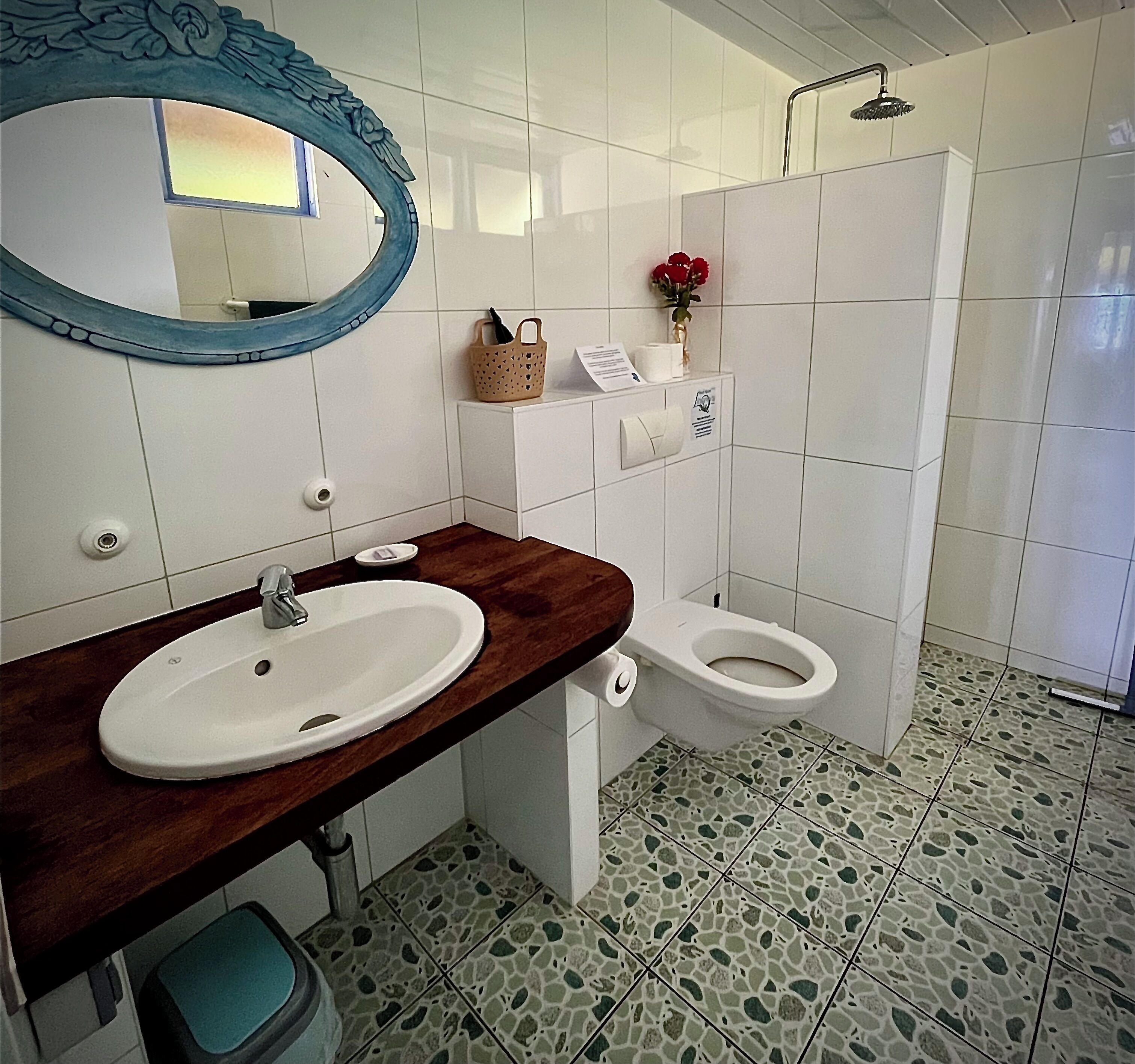 Et badeværelse med en hvid vask, et spejl med blomstermønster, et toilet og en bruseniche.