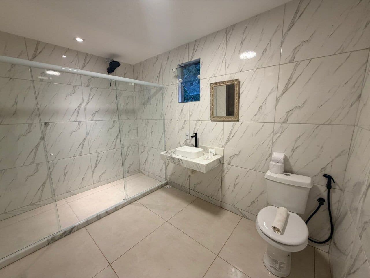 Un baño con ducha acristalada, un lavabo blanco y un inodoro.