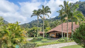A tropical resort with a stone pathway leading to a building with a tiled roof, surrounded by lush greenery and palm trees. - Hotel Bomtempo Itaipava (Petrópolis)
