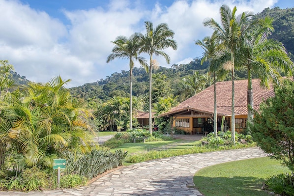 Un resort tropical con un camino de piedra que conduce a un edificio con techo de tejas, rodeado de exuberante vegetación y palmeras.