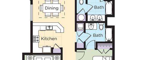 A floor plan of a hotel with a balcony, master bedroom, dining area, kitchen, and multiple bathrooms.