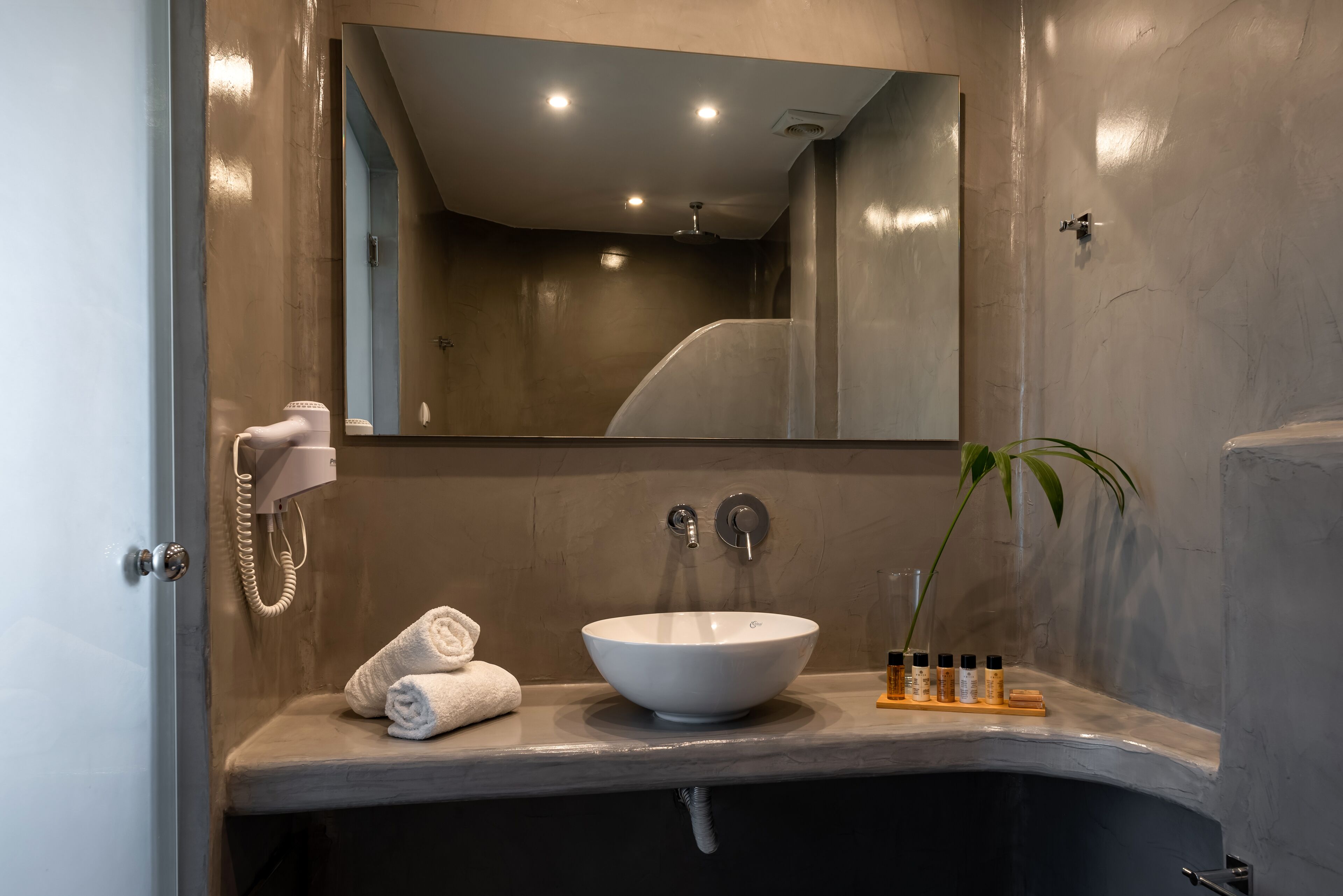 superior room | bathroom | shower, rainfall showerhead, hair dryer, towels