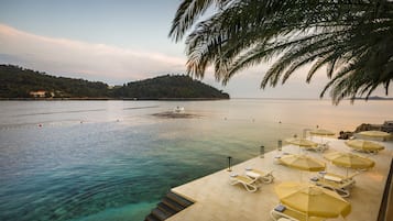 On the beach, sun-loungers, beach umbrellas, beach towels