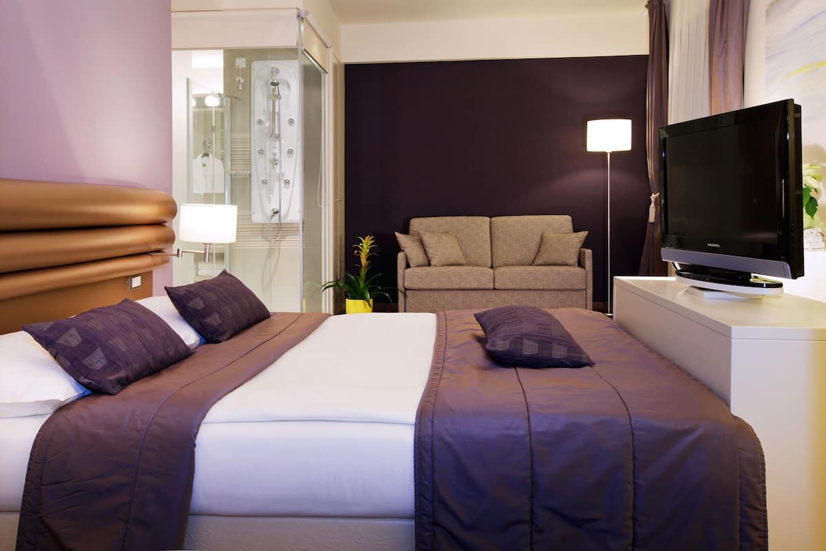 Une chambre d’hôtel avec un lit, un canapé, une télévision et une salle de bain visible à travers une porte ouverte.
