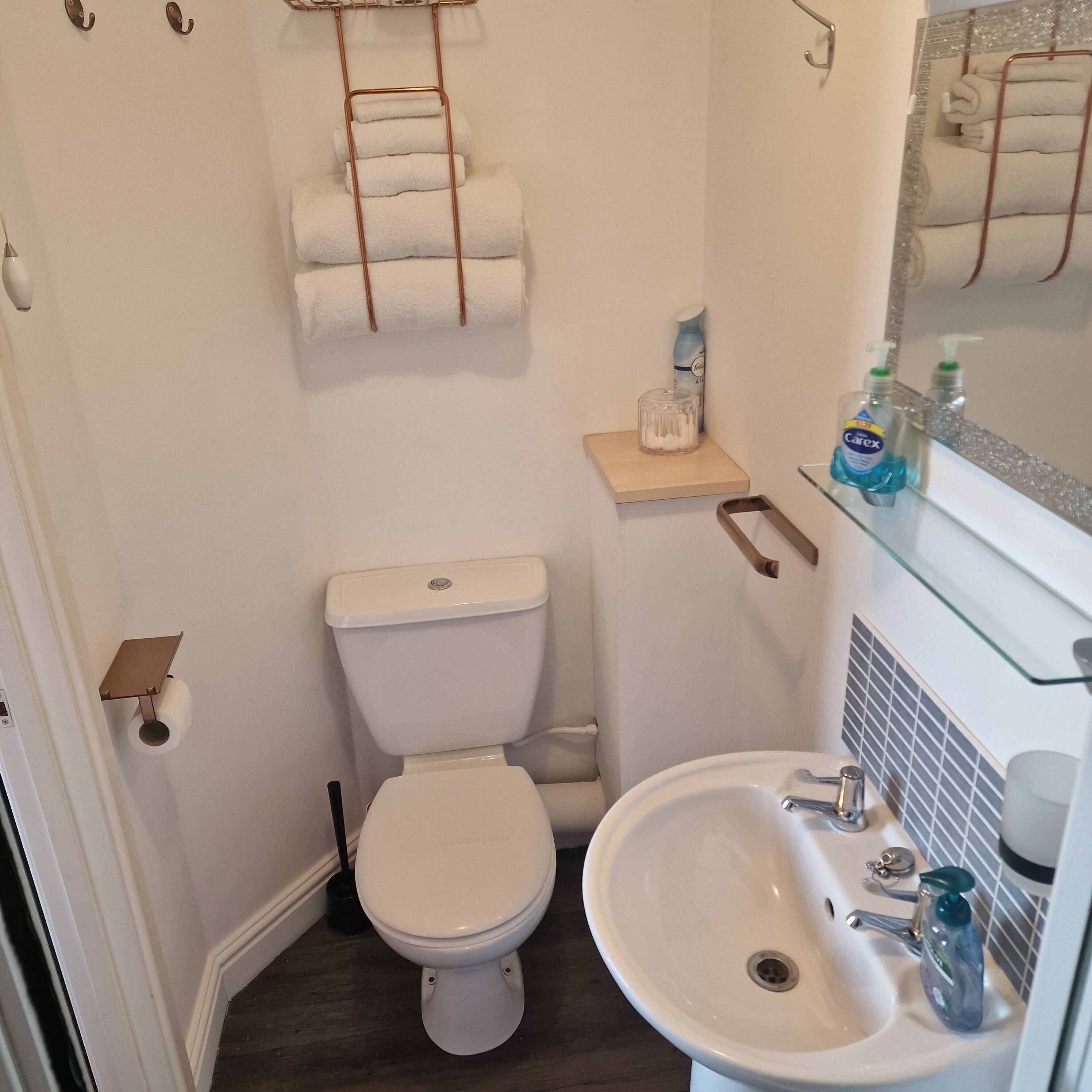 Une petite salle de bain avec des toilettes, un lavabo et un porte-serviettes.