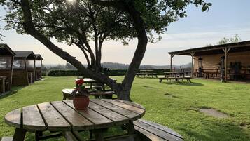 Et picnicområde med træborde og bænke, omgivet af en græsplæne og træer.