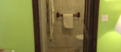 A bathroom with a toilet, a towel rack, and a radiator.