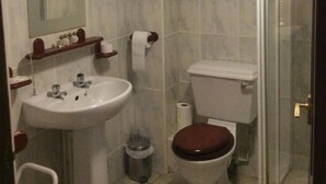 Une salle de bain équipée d’un lavabo, de toilettes et d’une douche à parois en verre.