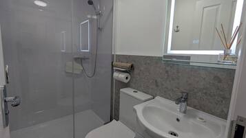A bathroom with a glass-enclosed shower, a toilet, a sink, and a mirror.