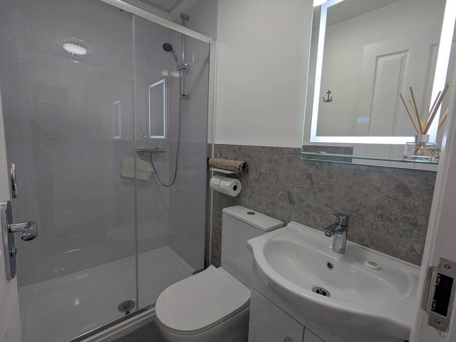 A bathroom with a glass-enclosed shower, a toilet, a sink, and a mirror.