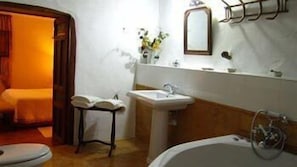 Hair dryer, bidet, towels, soap