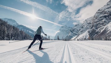 A person skiing on a snow-covered path with mountains in the background.