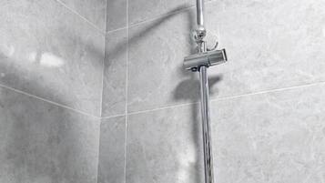 Shower, bathrobes, towels, soap