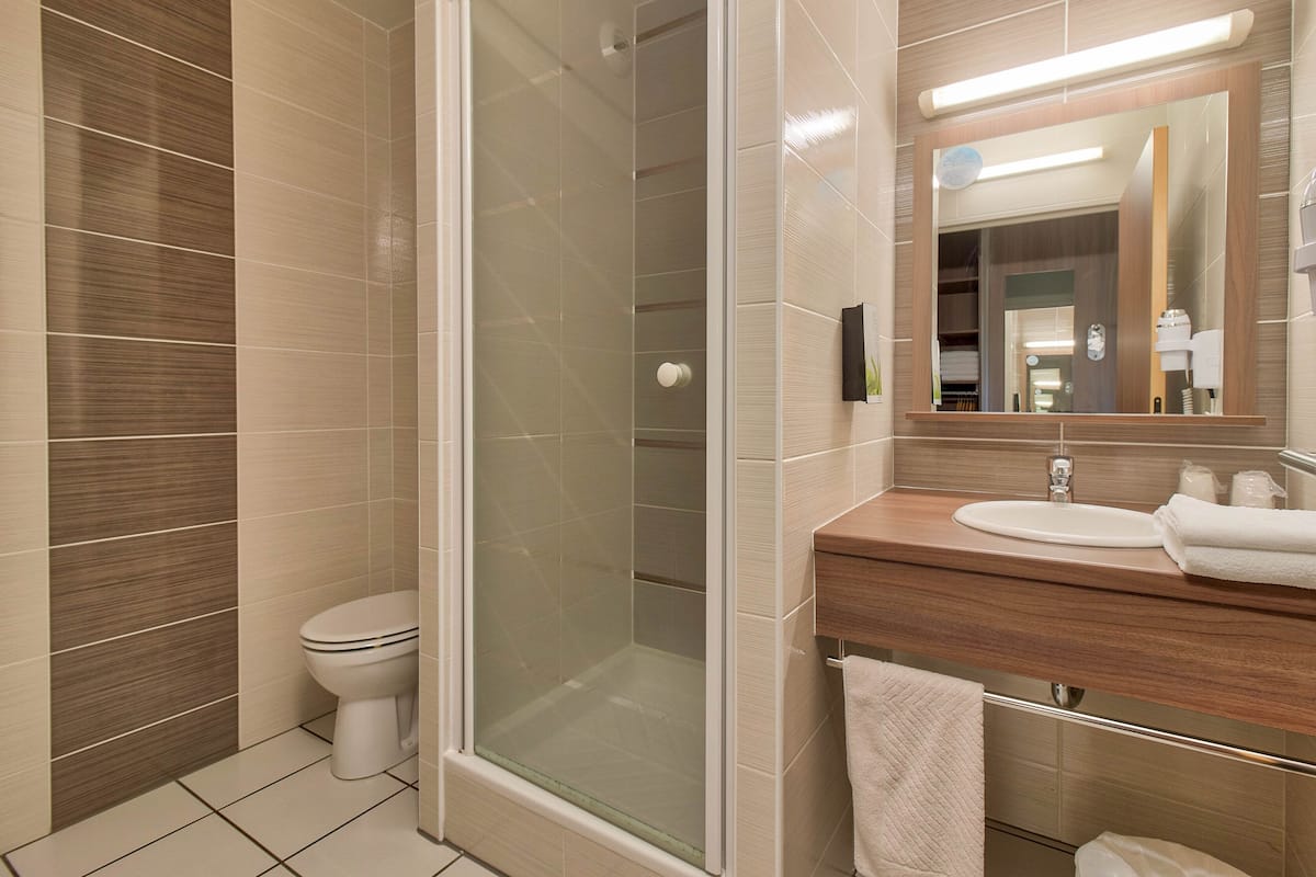 shower, free toiletries, hair dryer, towels