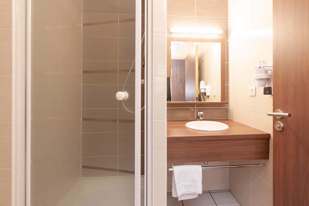 shower, free toiletries, hair dryer, towels