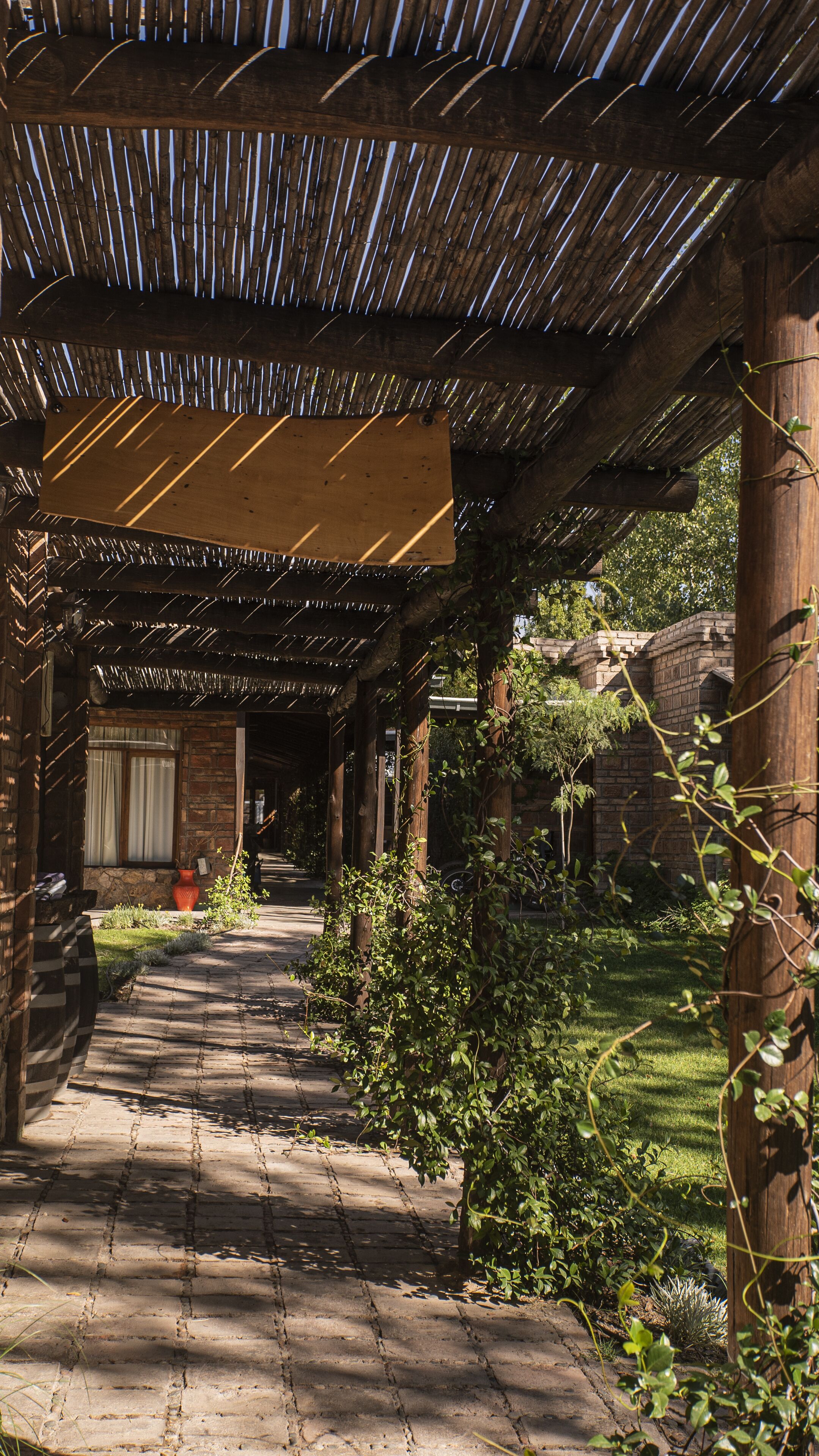 A covered outdoor area with a brick pathway, wooden pergola, and greenery.