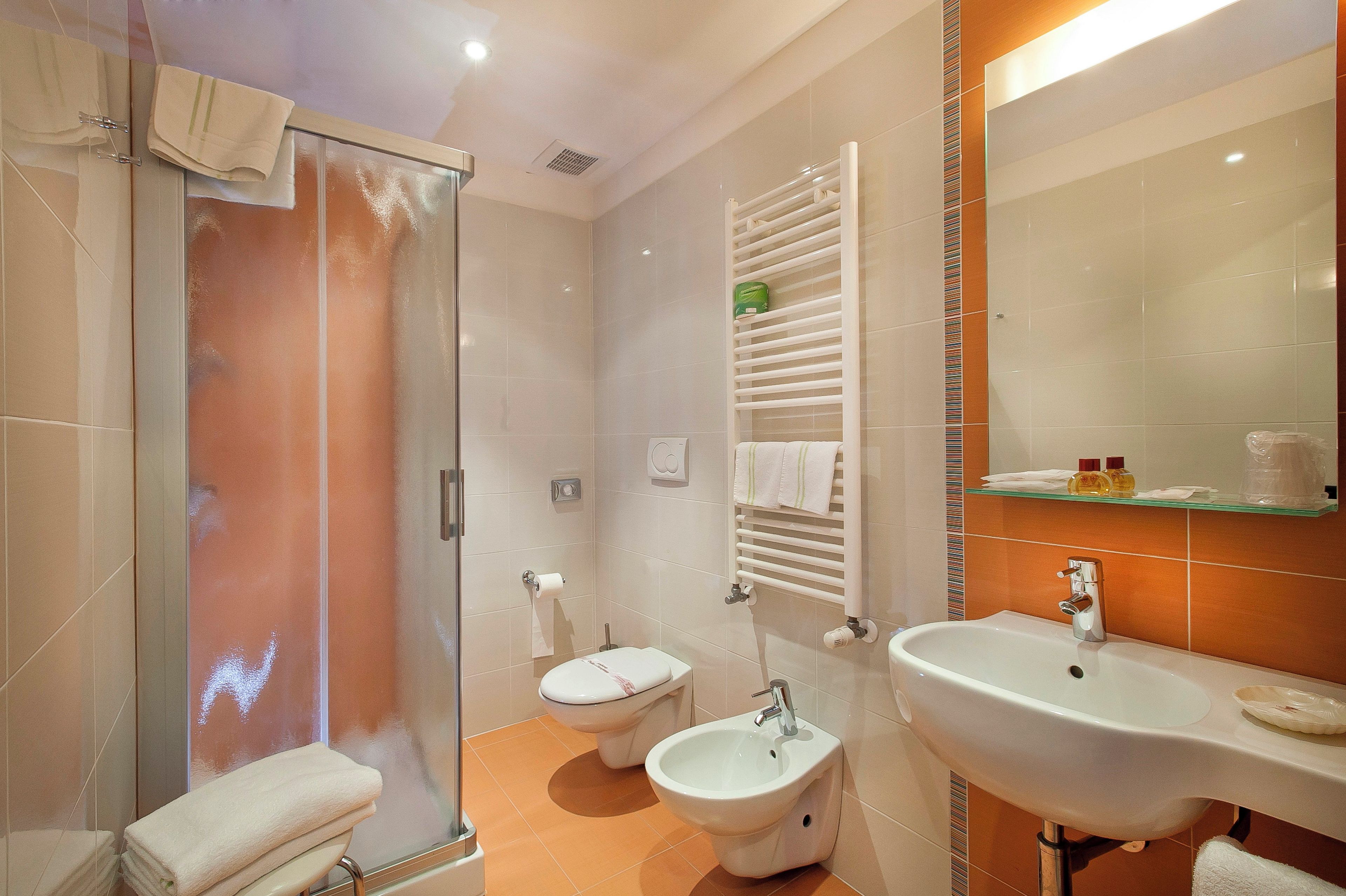 A modern bathroom with a glass shower enclosure, a bidet, a sink with a mirror, and a towel rack.