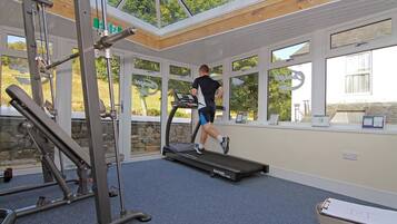 A gym with a treadmill, weight machines, and large windows.