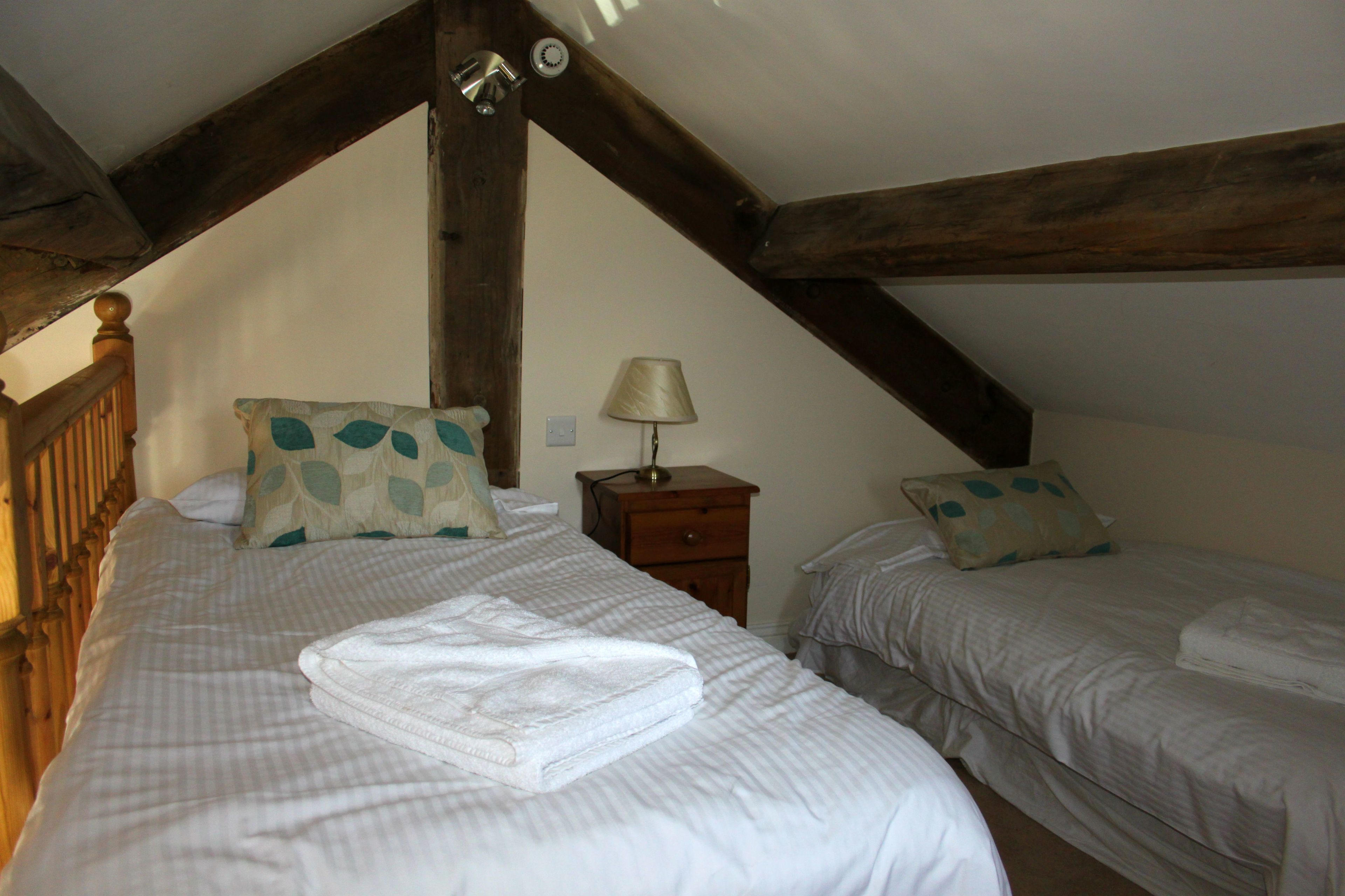 A bedroom with two beds, a nightstand, and a lamp.