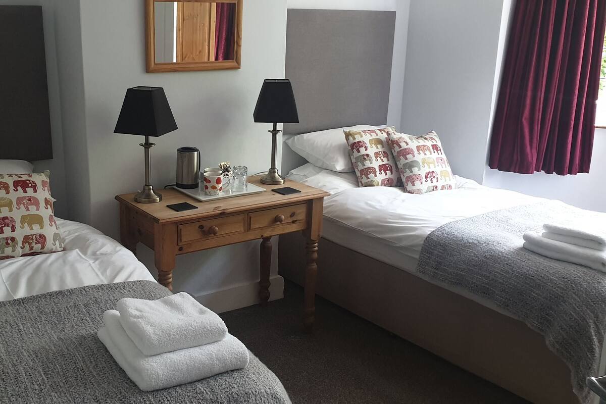 A hotel room with two beds, each with patterned pillows, a nightstand with lamps, a mirror, and a window with curtains.