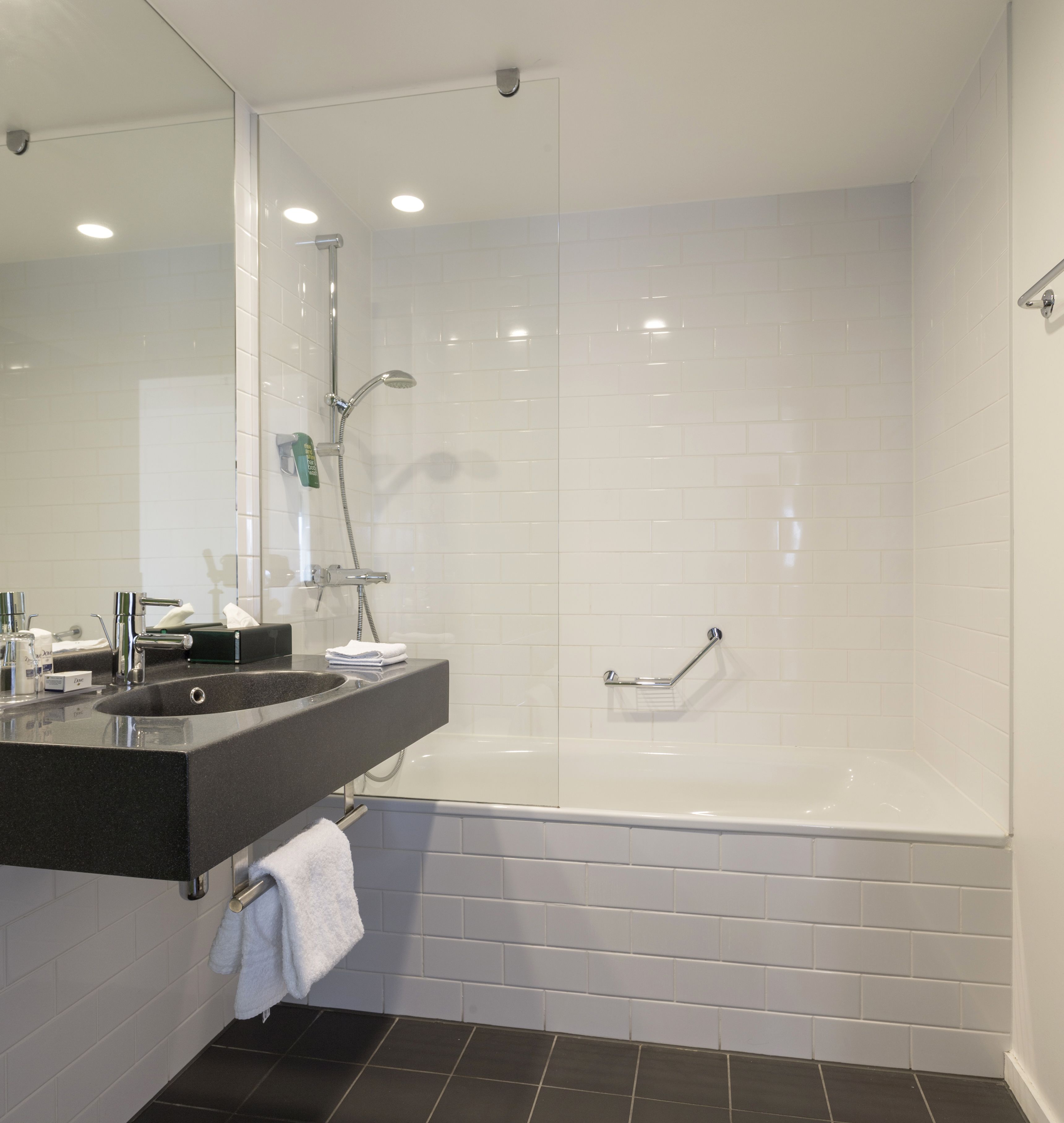 eco-friendly toiletries, hair dryer, towels, soap