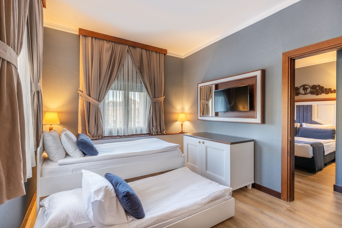 Habitació d'hotel amb dos llits, una televisió i un mirall.
