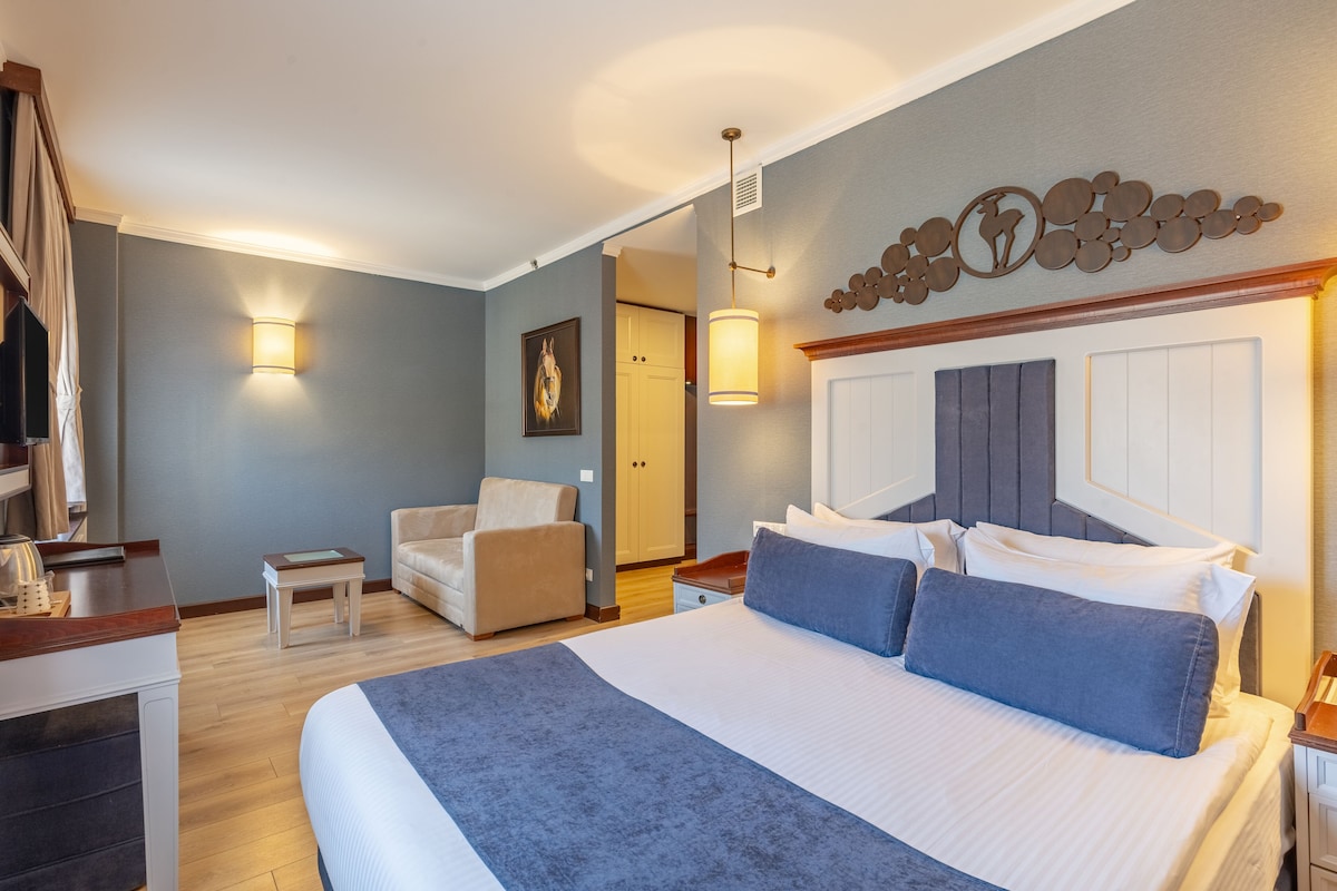 Habitació d'hotel amb un llit gran, una taula de treball, una cadira i una taula petita.