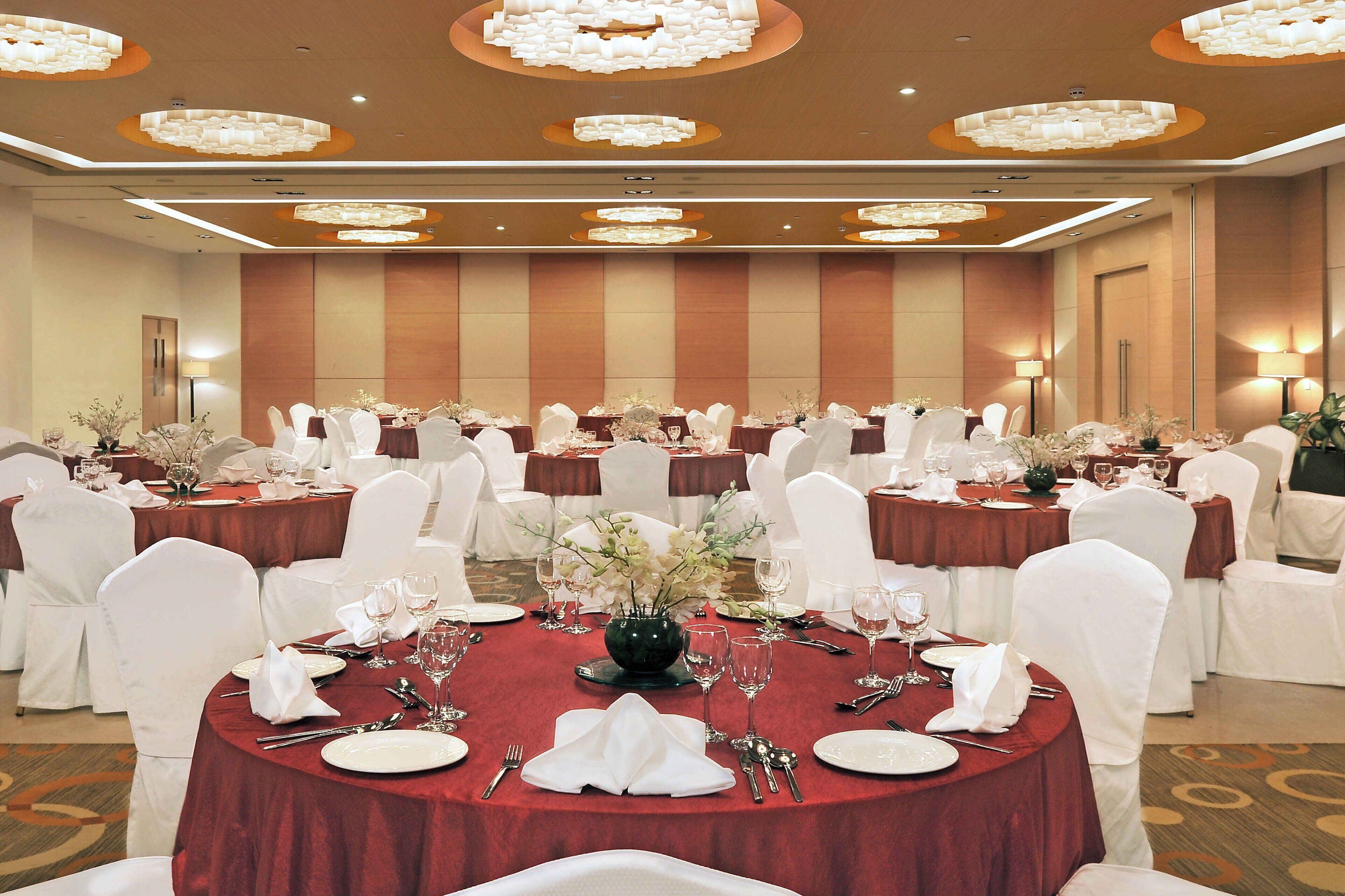Salão de banquetes com mesas redondas, cadeiras brancas e lustres.
