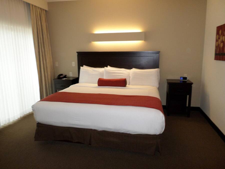 Habitación de hotel con una cama grande, una mesita de noche, una lámpara y una luz empotrada en la pared.