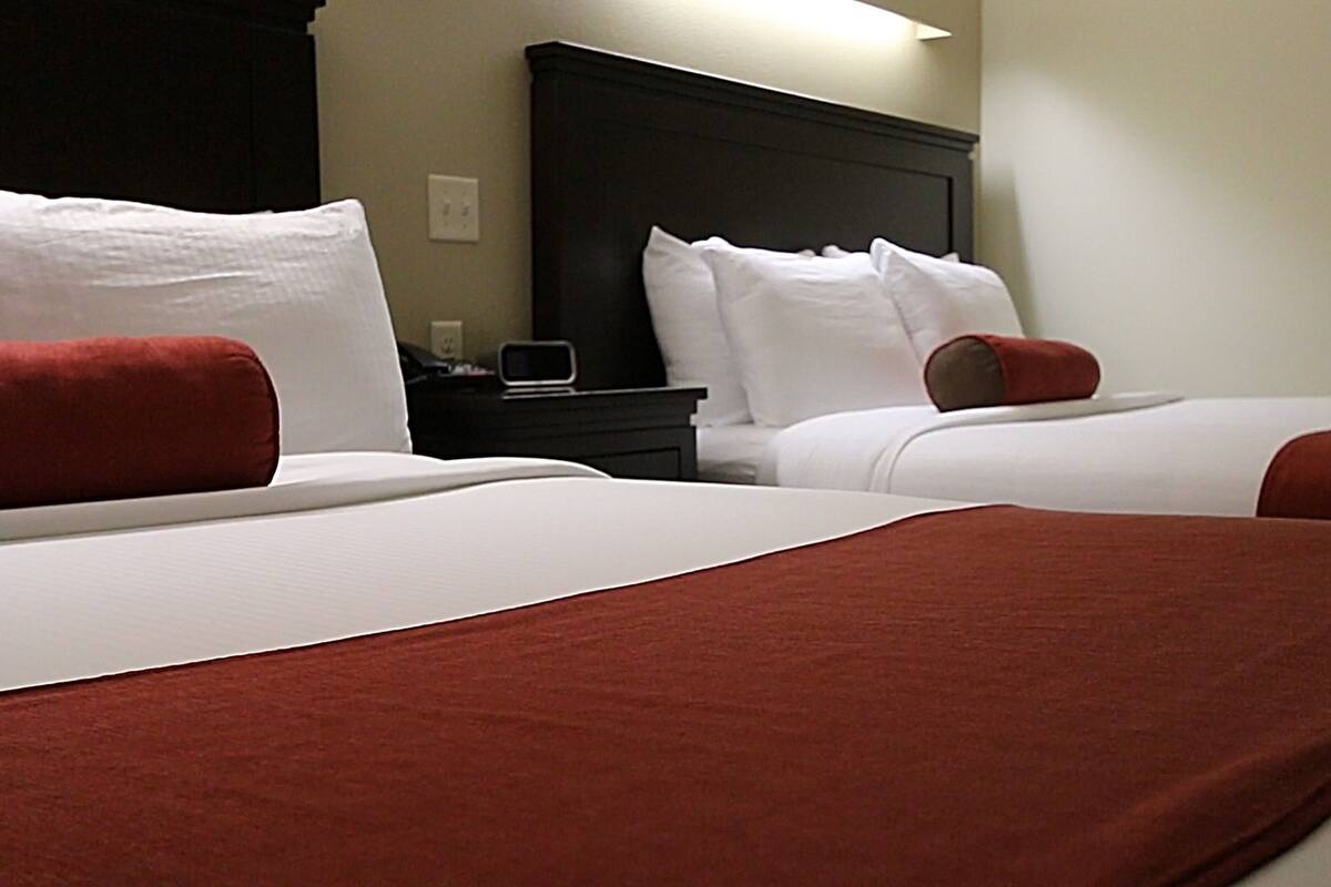 Dos camas con ropa de cama blanca y detalles rojos, un cabecero oscuro y una mesita de noche pequeña con una lámpara.