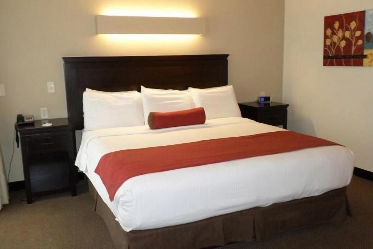 A hotel room with a large bed, a bedside table, a nightstand, and a wall-mounted lamp.