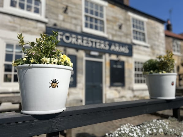 Two potted plants with ladybug decorations on a railing in front of a building with a sign that reads "FORRESTERS ARMS". - The Forresters Arms Kilburn (York)