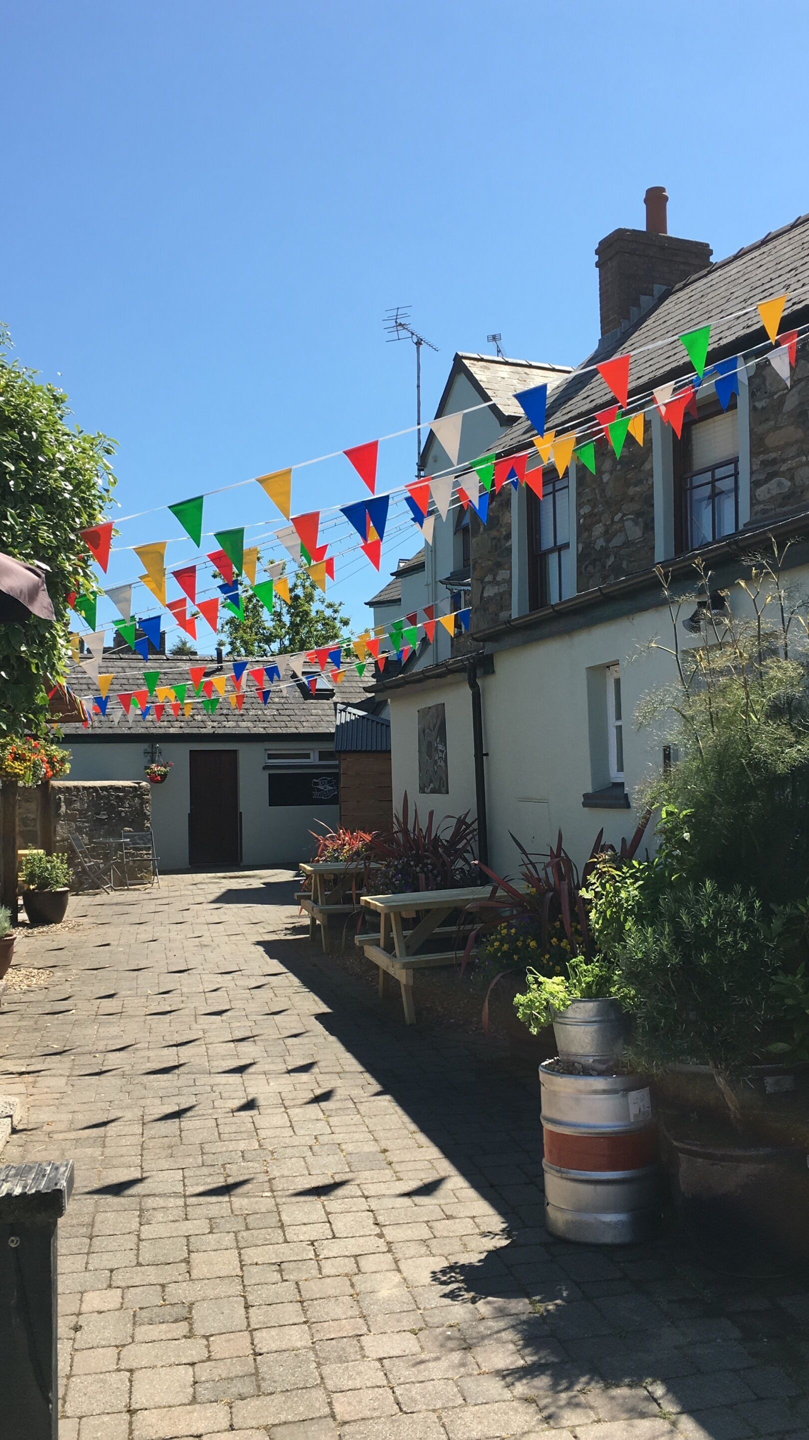 A cobblestone street with colorful triangular flags, stone buildings, and potted plants.