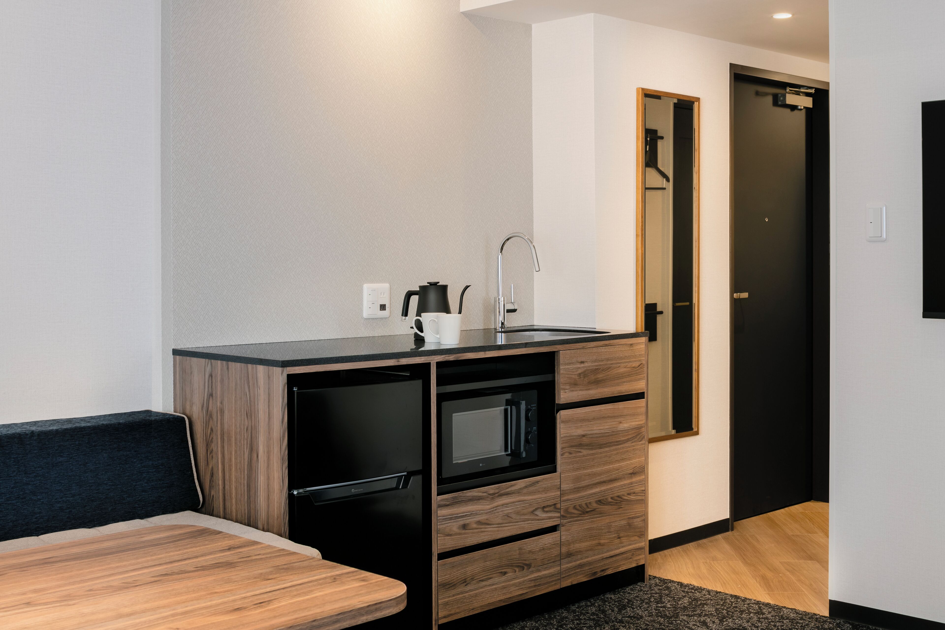 fridge, microwave, electric kettle