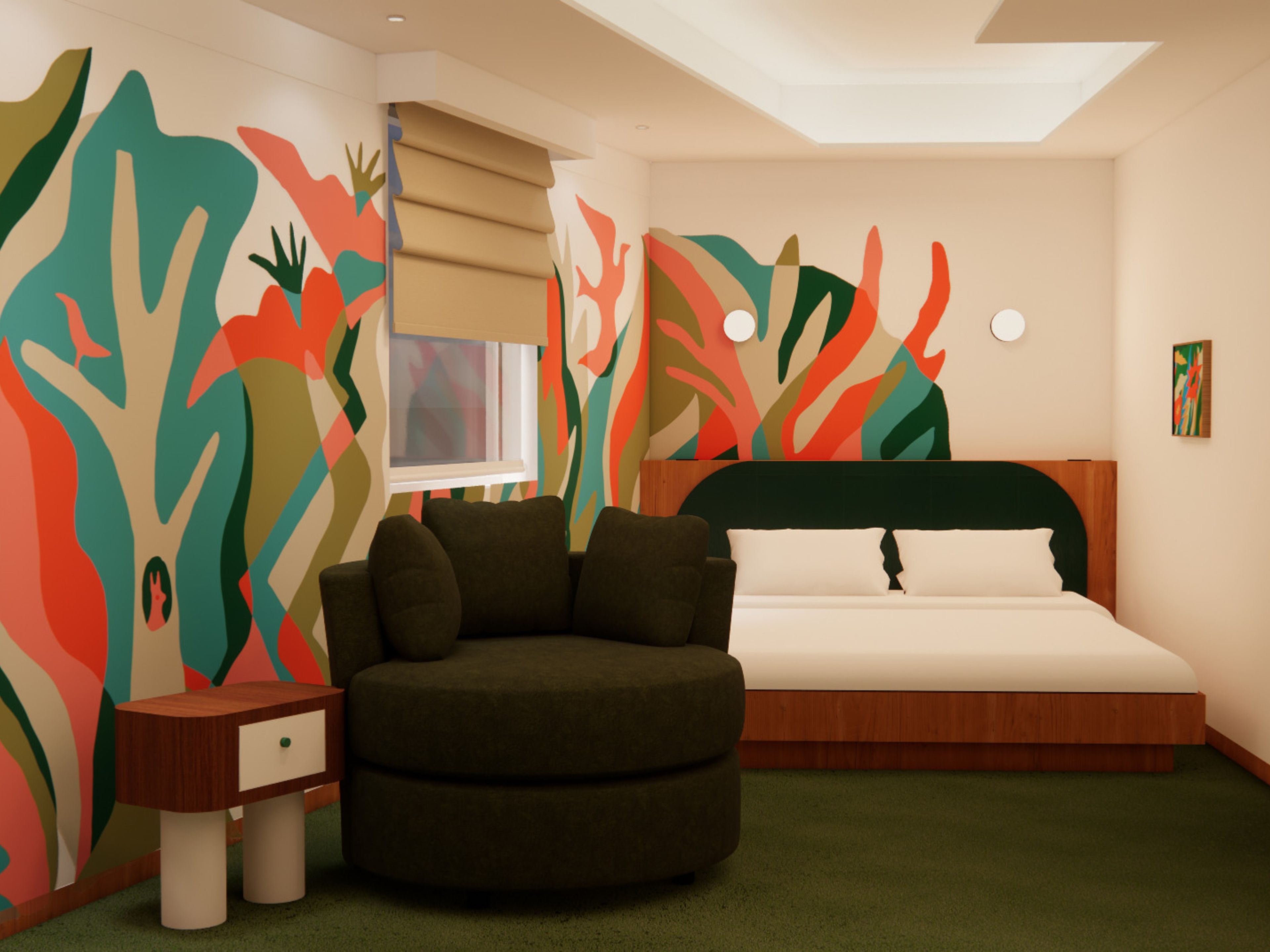 A bedroom with a bed, a chair, a bedside table, and a wall with abstract art.