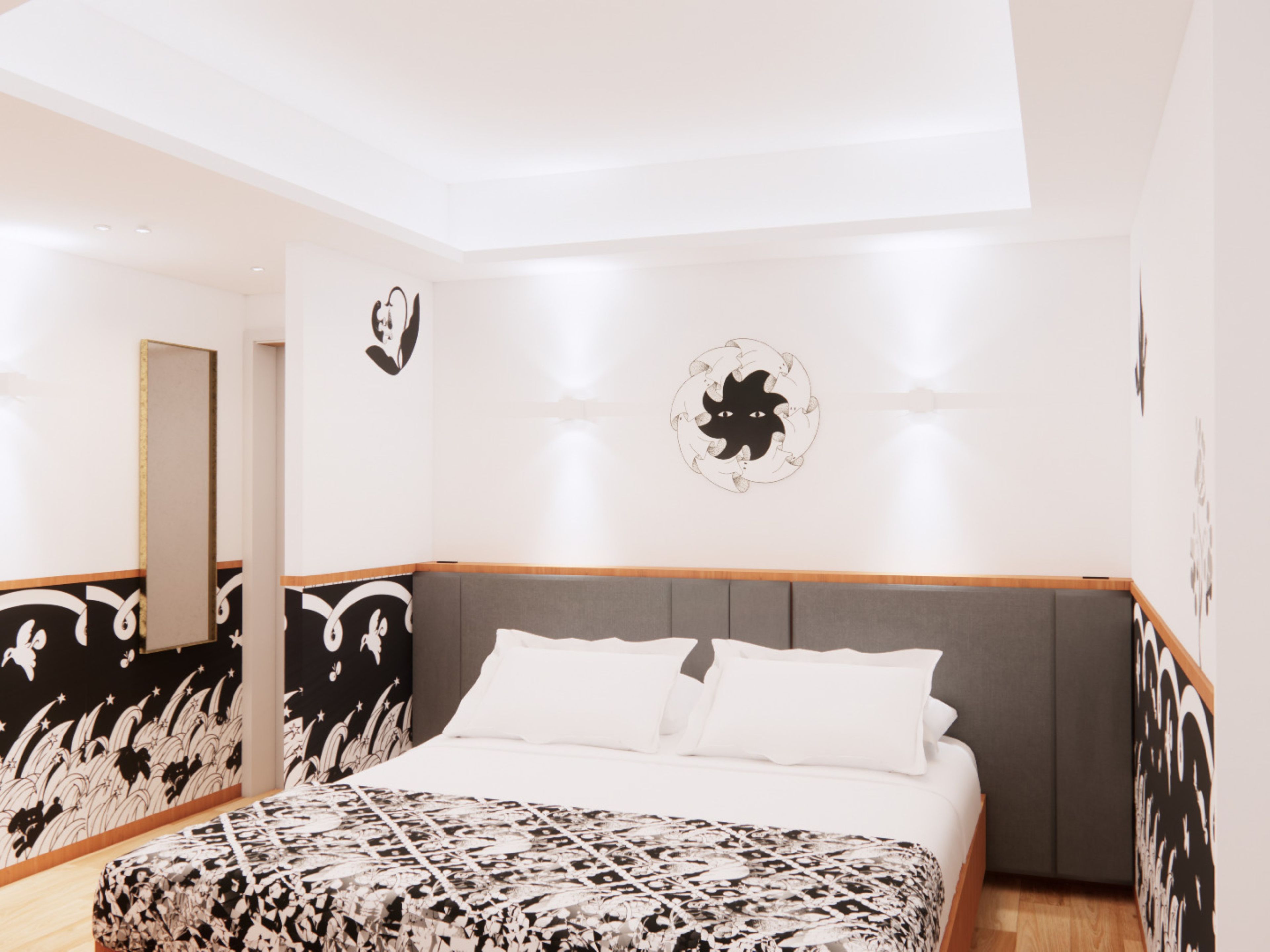 A bedroom with a bed, a headboard, a wall with a circular design, and a mirror.