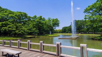 Un parque con una fuente, una pasarela de madera y mesas de picnic.