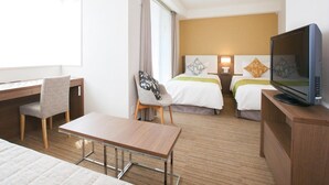 A hotel room with a desk, two beds, a television, and a chair. - Tokyu Stay Yoga (Tokyo)