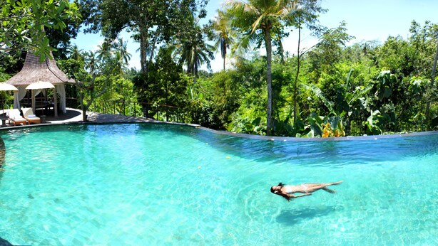 Ein klarer, geschwungener Pool mit einer darin schwimmenden Person, umgeben von üppiger Vegetation und einem Pavillon mit Liegestühlen.
