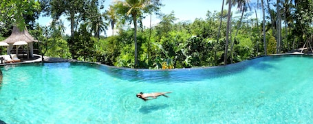 Outdoor pool, pool umbrellas, sun loungers. Ayurvedagram Bali - The Heart of Wellness & Healing