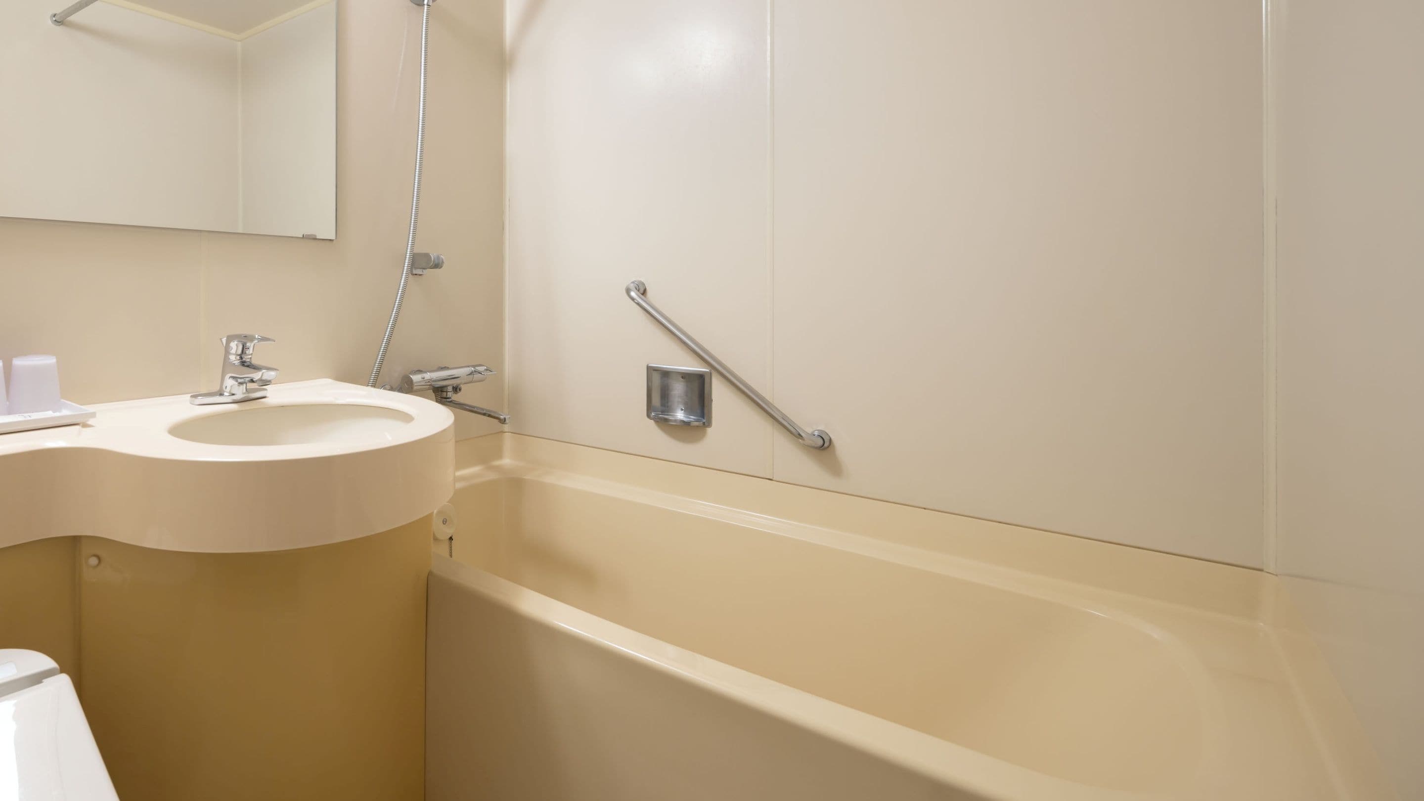 Ein Badezimmer mit Waschbecken, Spiegel und einer Haltestange zur Sicherheit.