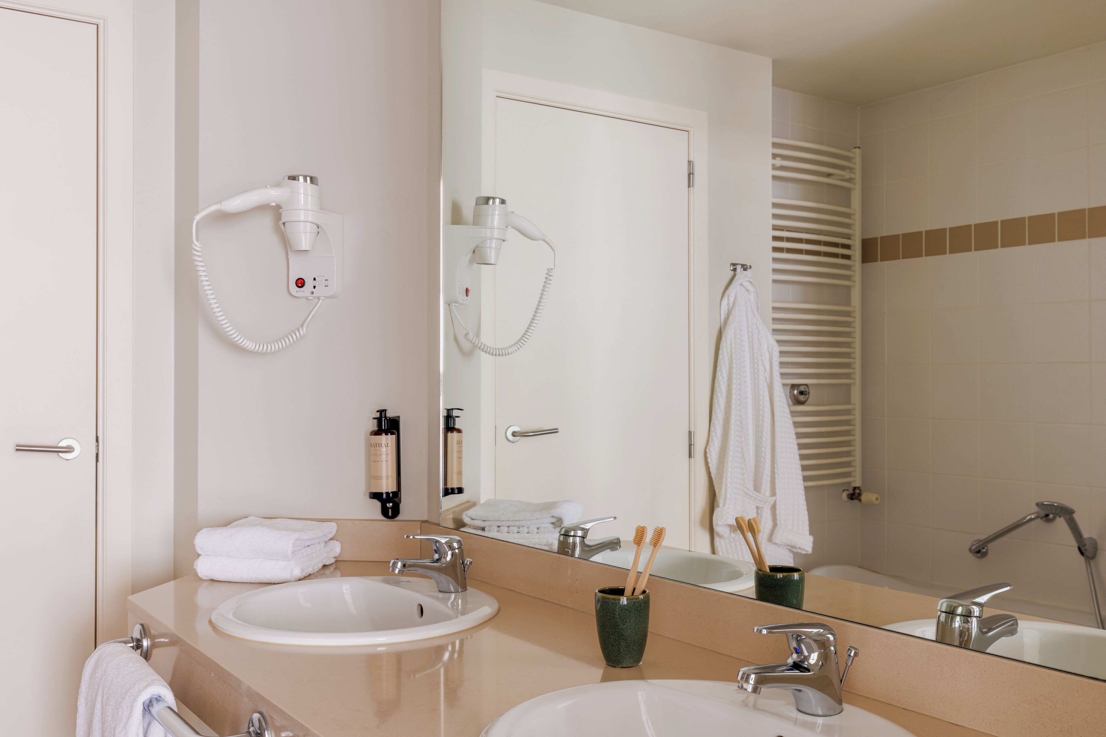 free toiletries, hair dryer, towels