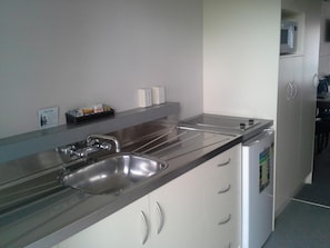 Fridge, microwave, stovetop, electric kettle