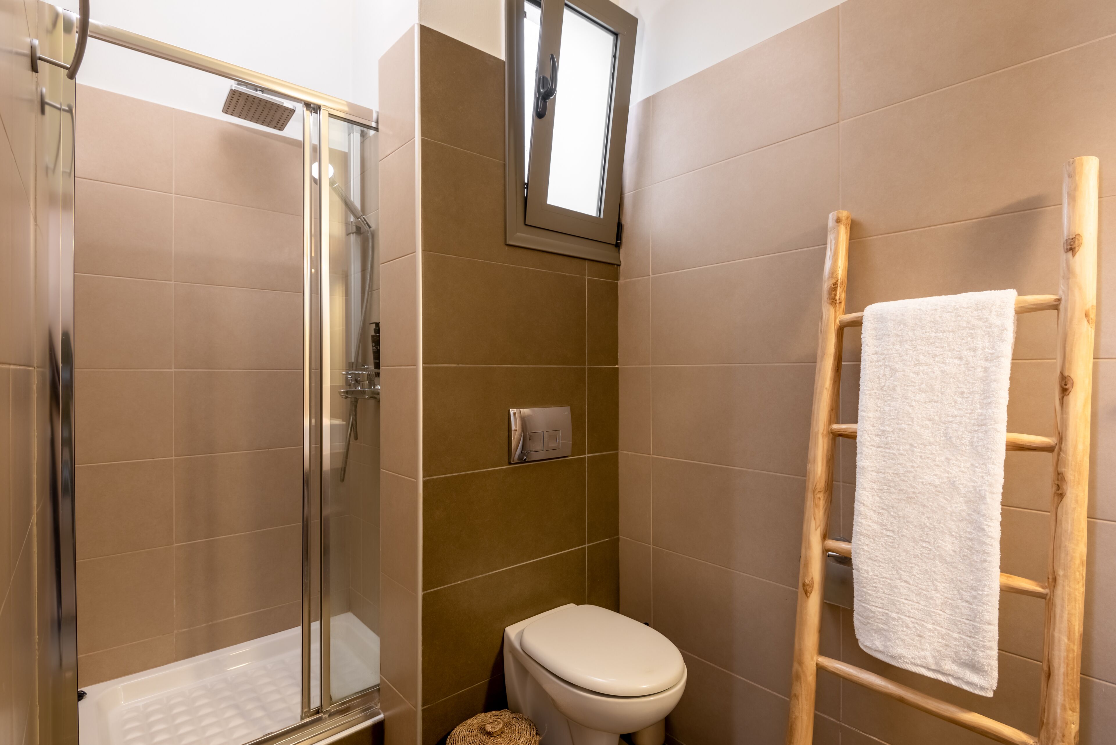 A bathroom with a glass-enclosed shower, a toilet, and a wooden ladder with a towel.