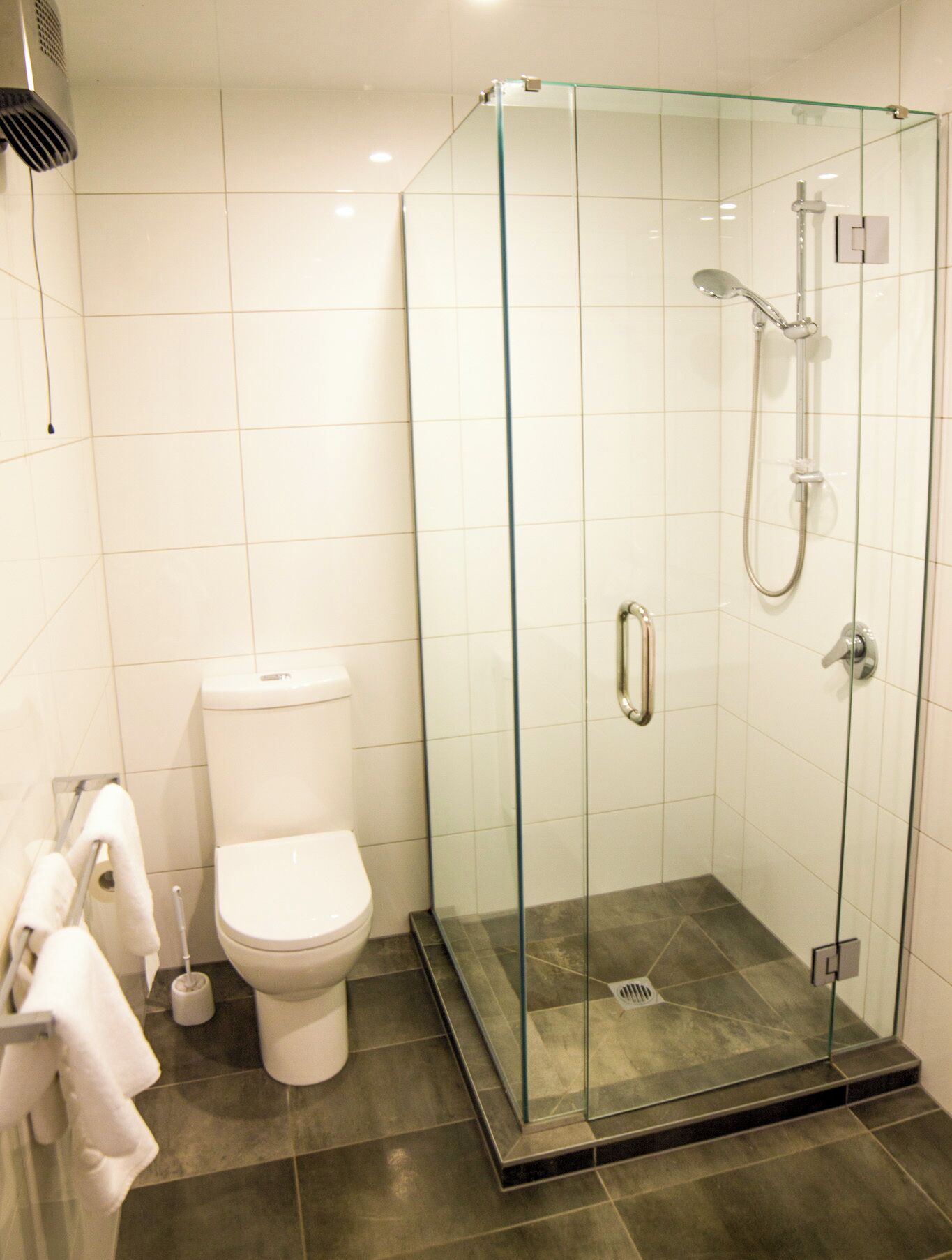 A modern bathroom with a glass-enclosed shower, a toilet, and a towel rack.