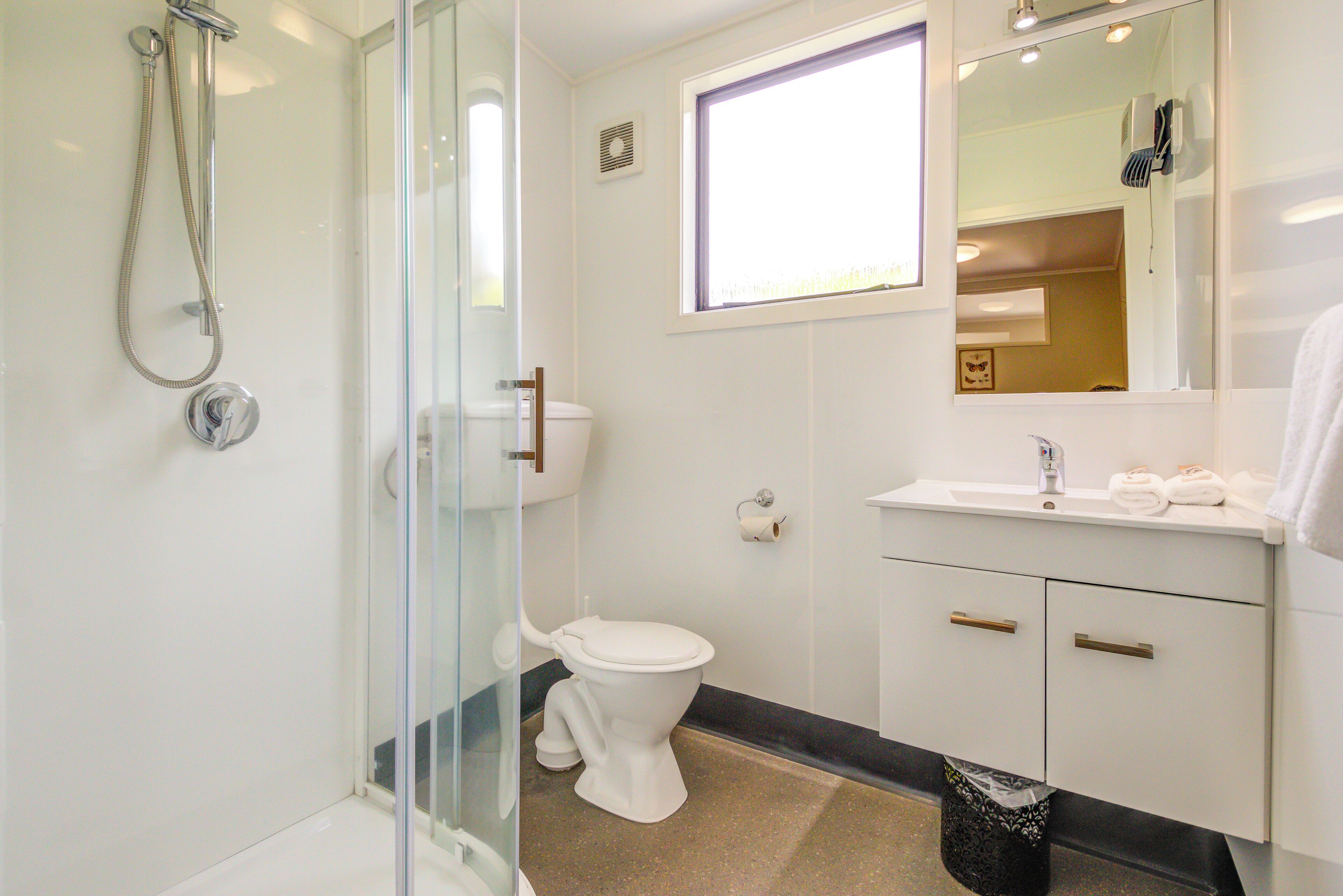 A bathroom with a glass shower enclosure, a toilet, a sink with a mirror, and a window.