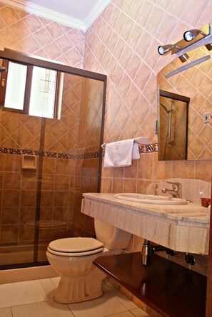 A bathroom with a glass-enclosed shower, a sink, and a toilet.