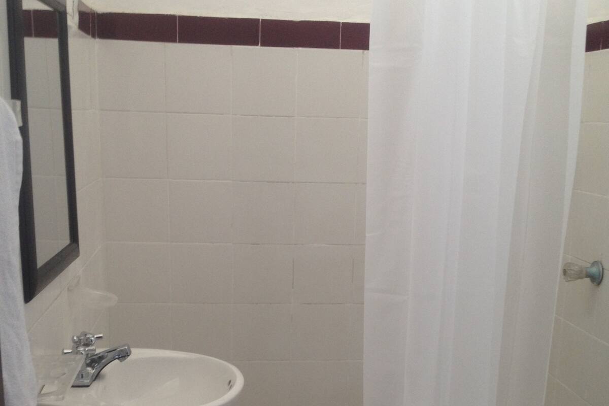 A bathroom with a white sink, a mirror, a toilet, and a shower curtain.