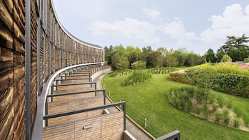 A modern building with a curved wooden facade and a landscaped garden with a curved pathway.